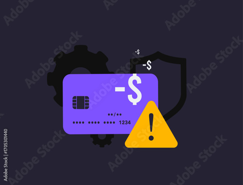 Credit card fraud risk with warning sign, financial transaction error, money loss and cyber security issues. Online payment protection and debit card fraud, banking scam alert. Vector illustration