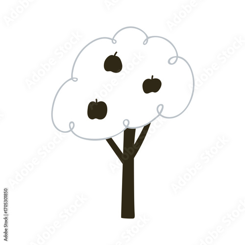 Apple tree. Fruit harvest growing on orchard garden plant in simple doodle kids style. Nature drawing. Childish Scandinavian flat vector illustration isolated on white background