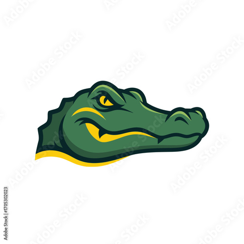Bold and expressive illustration of an alligator's head, featuring a vibrant color palette and a powerful, determined expression, suitable for various design applications