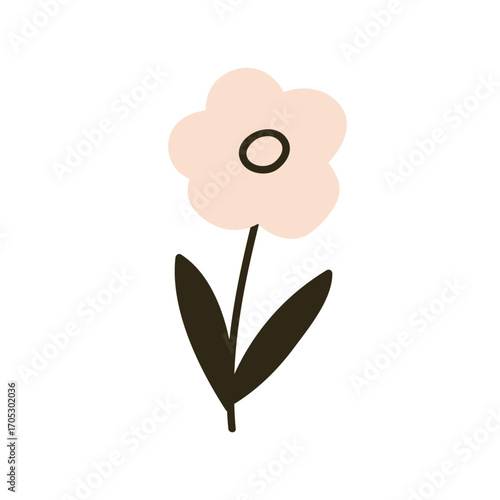 Flower bloom. Simple doodle daisy blossom with leaves. Botanical design eleme...