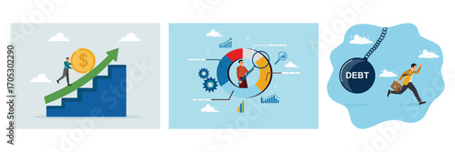 Business growth, entrepreneurs analyze financial data, trying to get rid of the burden of debt.