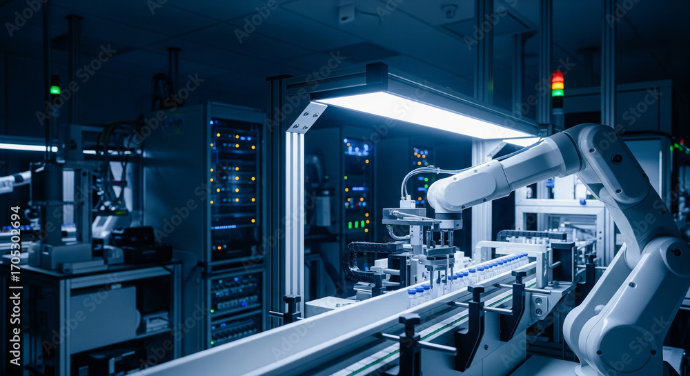 Fototapeta premium Robotic Arm Handling Vials in a Futuristic, Automated Science and Research Laboratory