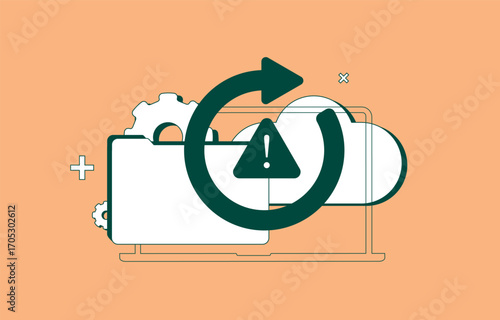 Backup warning recovery process with error reload icon and system alert over cloud and device elements to illustrate data protection. Disaster cloud data recovery, system restore vector illustration