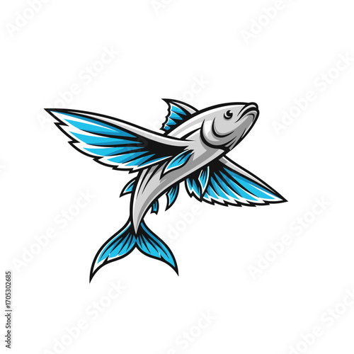 Flying Fish Illustration - Majestic Sea Creature with Blue Fins Soaring Through Air