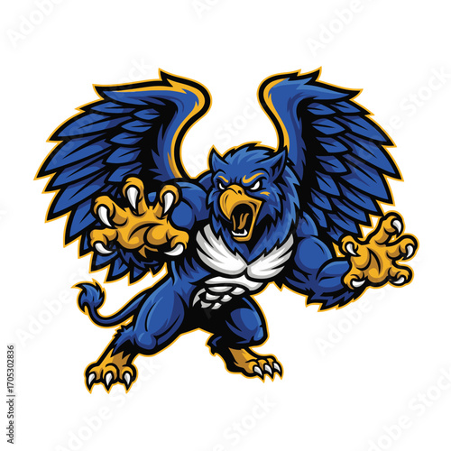 Majestic Blue and Gold Griffin Mascot Illustration for Sports Teams and Fantasy Designs