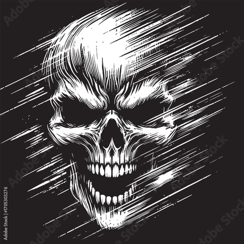  Stylized skull with a grunge effect and motion blur creates an ambient dark aesthetic. Strong contrasts and dynamic lines lend this piece a modern and intense artistic appeal.