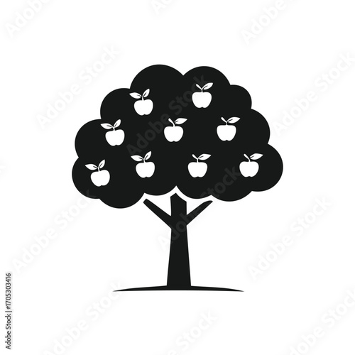 Black silhouette of an apple tree with many apples Keywords: apple tree, fruit tree, apples