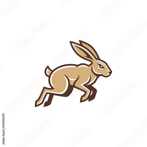 Dynamic illustration of a fast running brown hare or jackrabbit leaping with agility. A stylized mascot design perfect for sports teams or branding, isolated on a white background