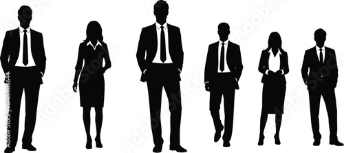 Silhouettes of business professionals standing confidently, formal corporate attire, team collaboration, leadership concept, diverse business group, teamwork and success, professional 