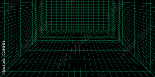 3D wireframe green room. Abstract perspective grid. Retro futuristic concept. Vector illustration.