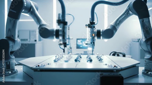 Two robotic arms in modern factory, automated assembly line, industrial manufacturing with technology and machine learning, future of industry.