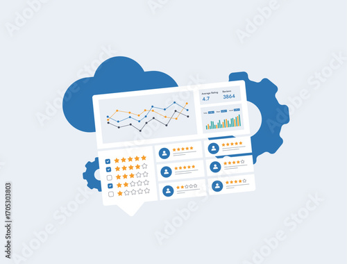 Online reputation management concept. Controlling e-commerce digital presence, online monitoring brand trust, negative feedback and reputation repair, building customer confidence vector illustration