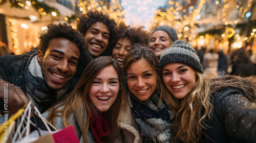 Joyous group of friends, diverse and smiling, enjoying a snowy festive day adorned with twinkling lights.