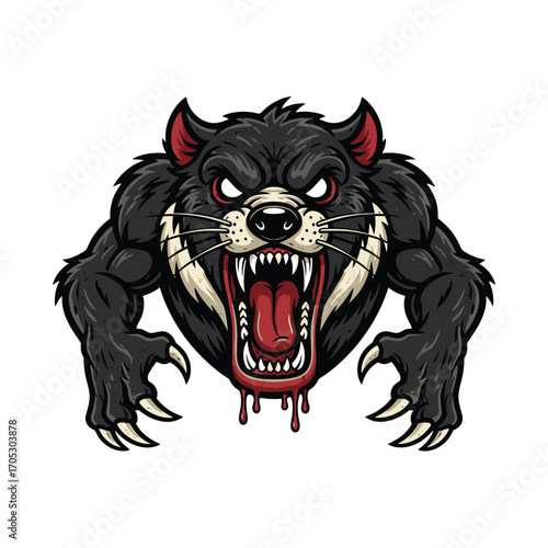 Fierce and aggressive cartoon Tasmanian devil mascot snarling with rage, bared teeth, and sharp claws, isolated on a white background