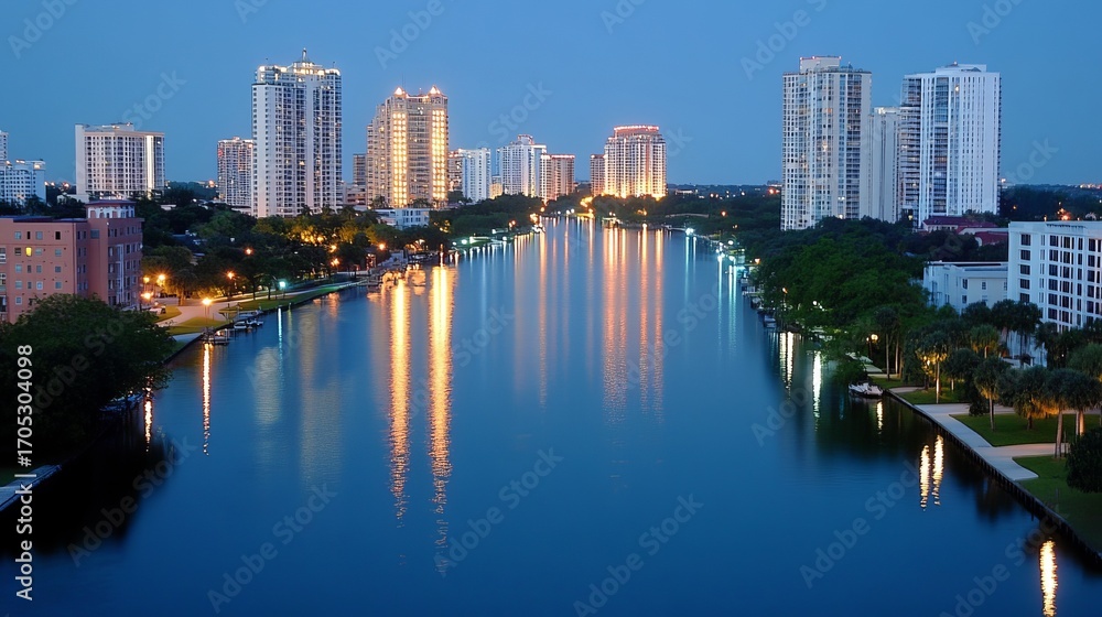 Fototapeta premium City skyline at twilight reflected in a calm river