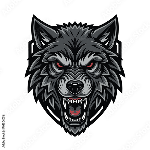 Fierce gray wolf head with glowing red eyes snarling aggressively, a powerful vector illustration for a sports team mascot or emblem