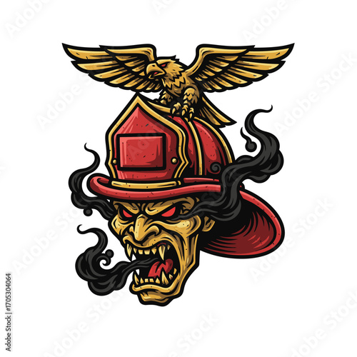 Aggressive demonic firefighter monster head with a golden eagle helmet emblem, breathing black smoke vector illustration