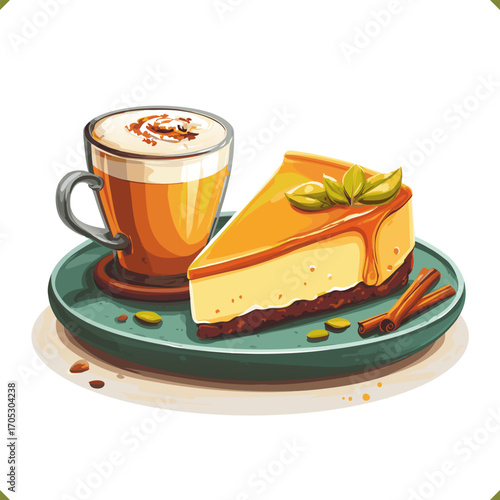 Vector illustration of a slice of pumpkin cheesecake with cream, served with hot chocolate in mug, warm colors, isolated on white background