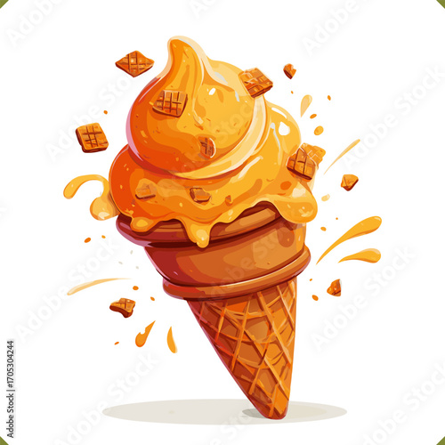 Vector illustration of a pumpkin swirl ice cream in a waffle cone with splashes, isolated on white background