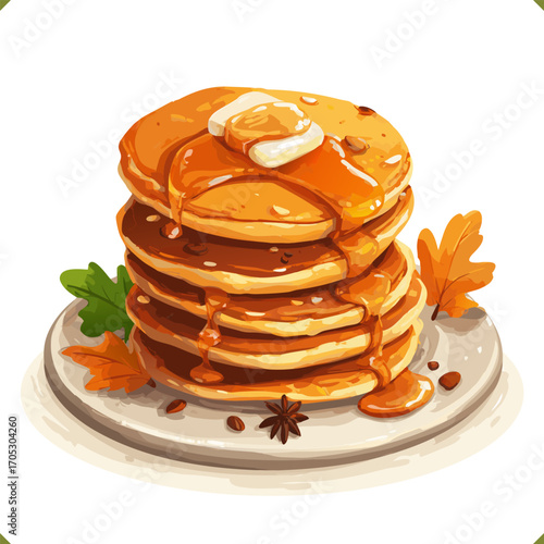 Vector illustration of a stack of pumpkin pancakes with melting butter and syrup on a plate with autumn leaves on a white background