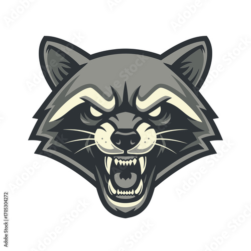 Illustration of a fierce raccoon face with bared teeth and angry eyes, a stylized mascot