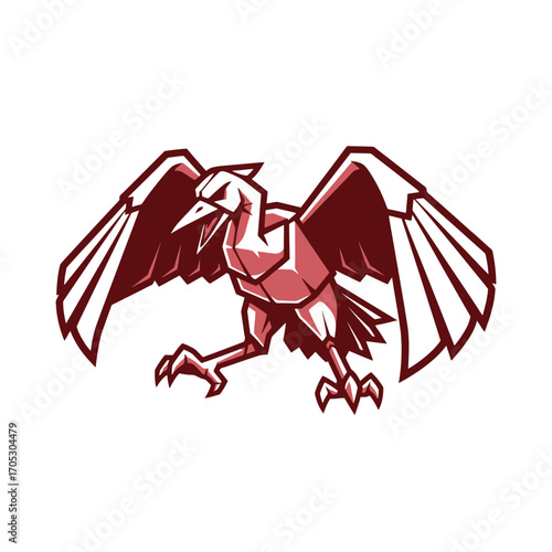 A powerful and stylized avian creature, this red geometric bird with spread wings serves as a modern mascot or emblem, symbolizing strength, mystery, and foresight