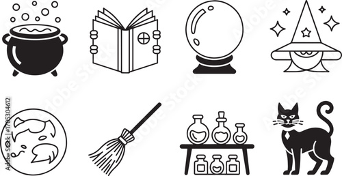 Enchanting Witchcraft Elements Vector Set Cauldron Book Crystal Ball Hat Potion Cat Broom Design