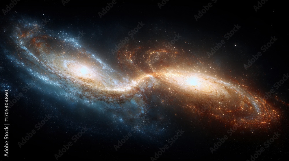 Fototapeta premium Interacting Spiral Galaxies in Deep Space with Blue and Orange Hues