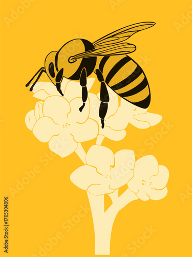 An illustration of a bee on a flower. Vector illustration.