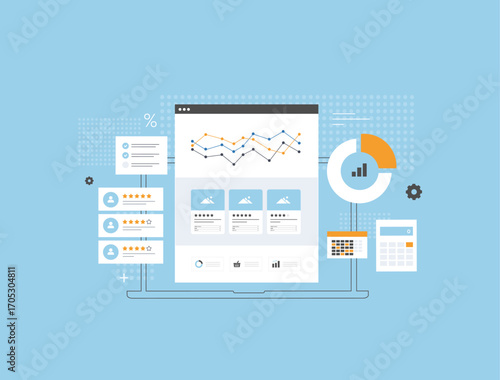 Merchant Center dashboard with marketplaces analytics tools. Business product data, performance metrics, e-commerce tracking dashboard and online retail insights. Flat vector illustration