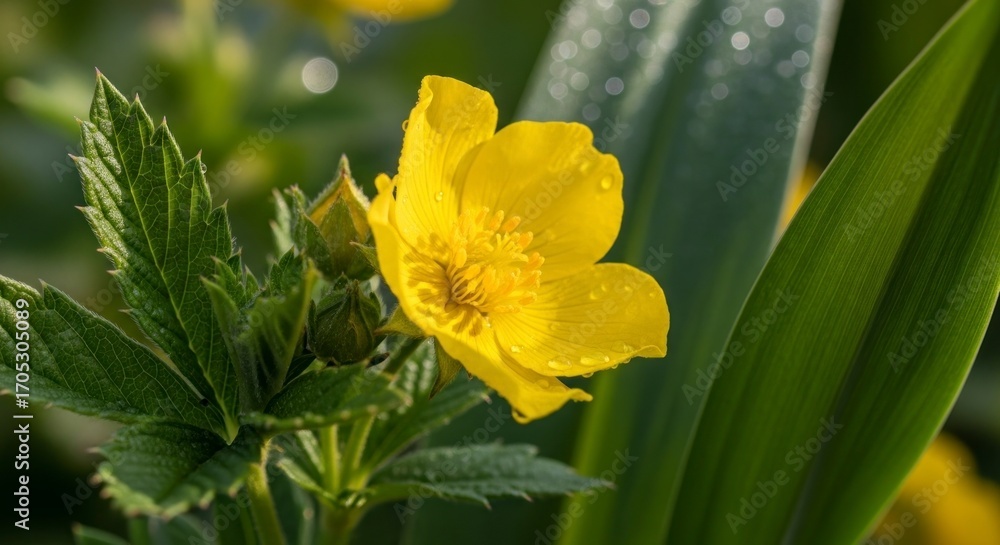 Fototapeta premium A vibrant yellow flower with dew drops, surrounded by lush green leaves, showcases a close-up view of nature's beauty.
