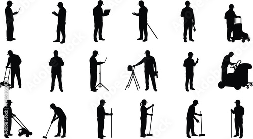 Silhouettes of Cleaning and Maintenance Workers Using Tools, Carts, and Machines for Facility Service, Inspection, and Industrial Work Tasks