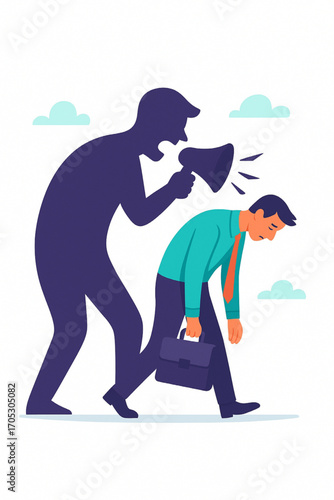 Stressed businessman under pressure from boss with megaphone facing burnout, work overload and toxic work