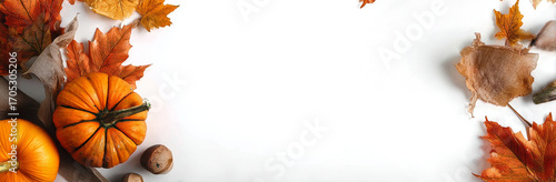 Autumn Harvest: Pumpkins, Nuts, and Leaves on White Background