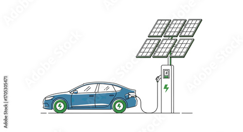 Electric car charging at solar powered station, embracing green energy future