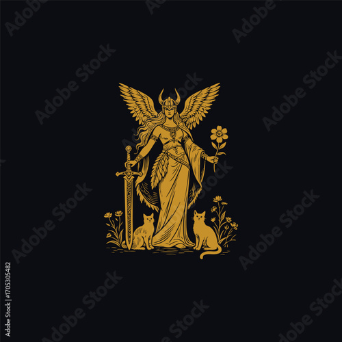 engraving illustration depicting Freya, the Norse goddess of love, beauty, and war. The powerful deity is shown with a winged helmet, holding a sword and a flower. Vector template 