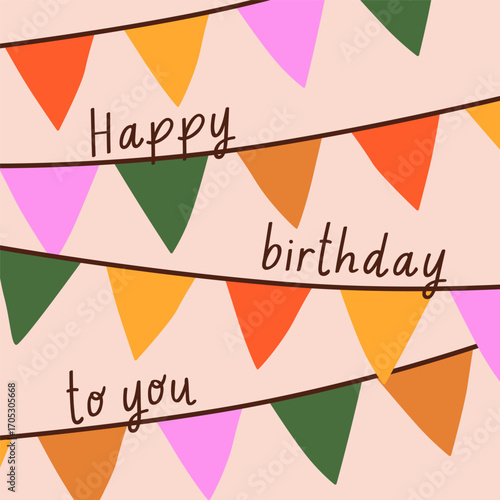 Happy Birthday card design. Bunting pennant garland with colorful flags, banners on string. Festive decoration, ornament, square background, postcard with greeting phrase. Flat vector illustration