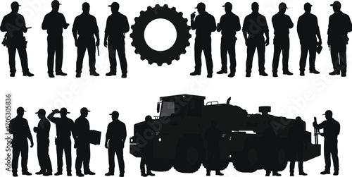 Silhouettes of Construction Workers, Engineers, and Mechanics with Heavy Equipment, Tools, and Industrial Gear for Maintenance and Site Operations