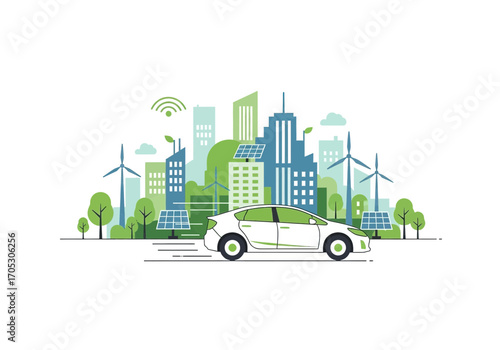 Modern electric car drives through a vibrant eco-city powered by renewable energy sources