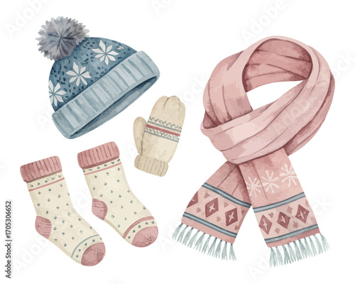Watercolor winter mittens, socks, hats, scarves vector illustration isolated on white background