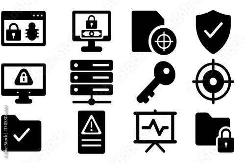 Security and protection solid icon set. lock, key, shield, server, file icons collection
