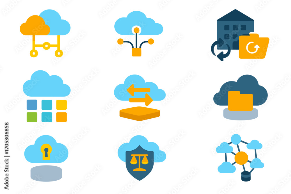 Obraz premium Cloud computing flat icon set. data storage, networking, and security icons