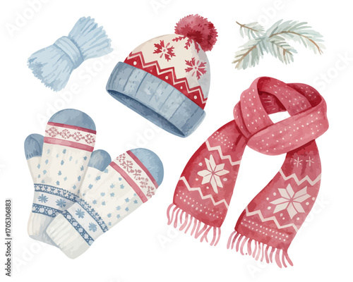 Watercolor winter mittens, socks, hats, scarves vector illustration 
