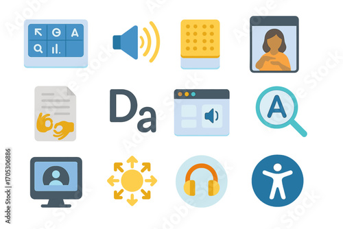 Accessibility, assistive flat icon set. disability, inclusion tools flat collection