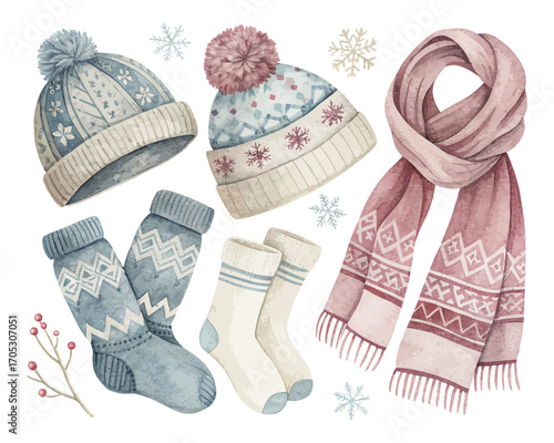 Watercolor winter mittens, socks, hats, scarves vector illustration 