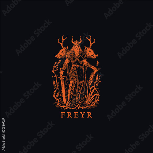 engraving of Freyr, the Norse god of prosperity, holding a shining sword vector template illustration