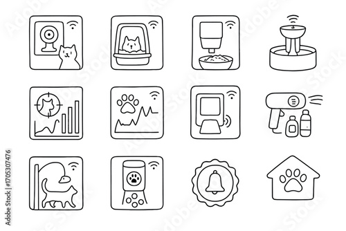 Pet care, monitoring line icon set. smart devices for pets, feeding, tracking, remote access