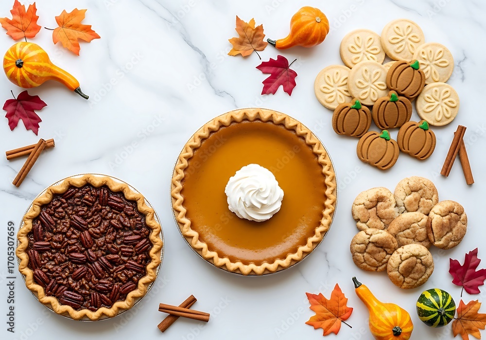Fototapeta premium Autumnal Thanksgiving treats: pumpkin and pecan pies, cookies, and fall decorations.