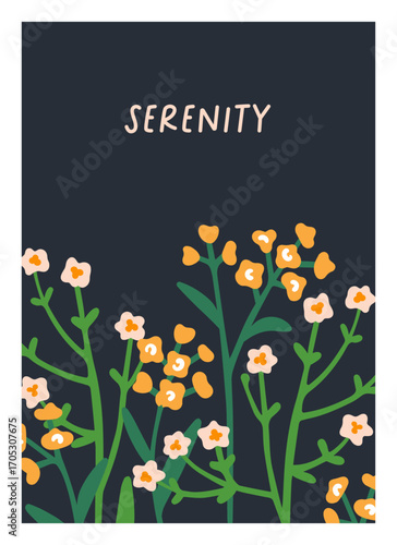 Floral card design. Spring field meadow flowers, vertical poster, framed back...