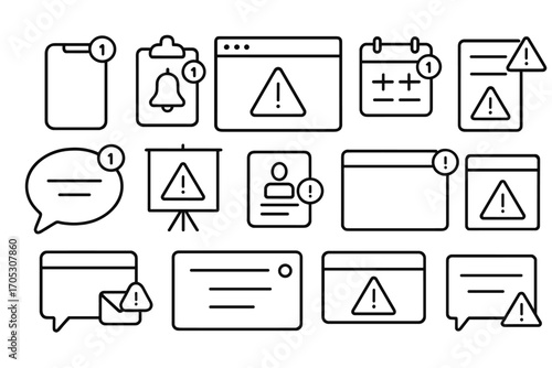 Notification, alert linear icon set. reminders, messages, alarm outline collection